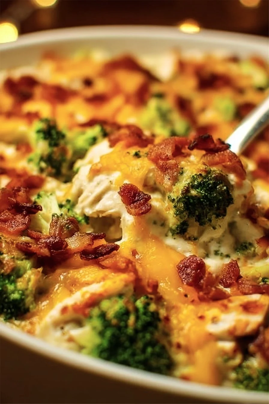 Delicious low carb chicken casserole topped with cheese and vegetables.