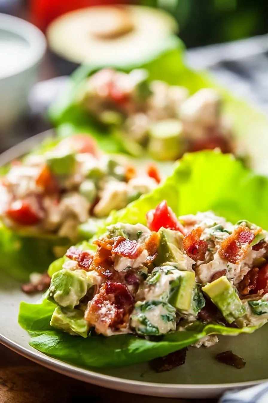 BLT chicken salad lettuce wraps served on a plate with fresh ingredients