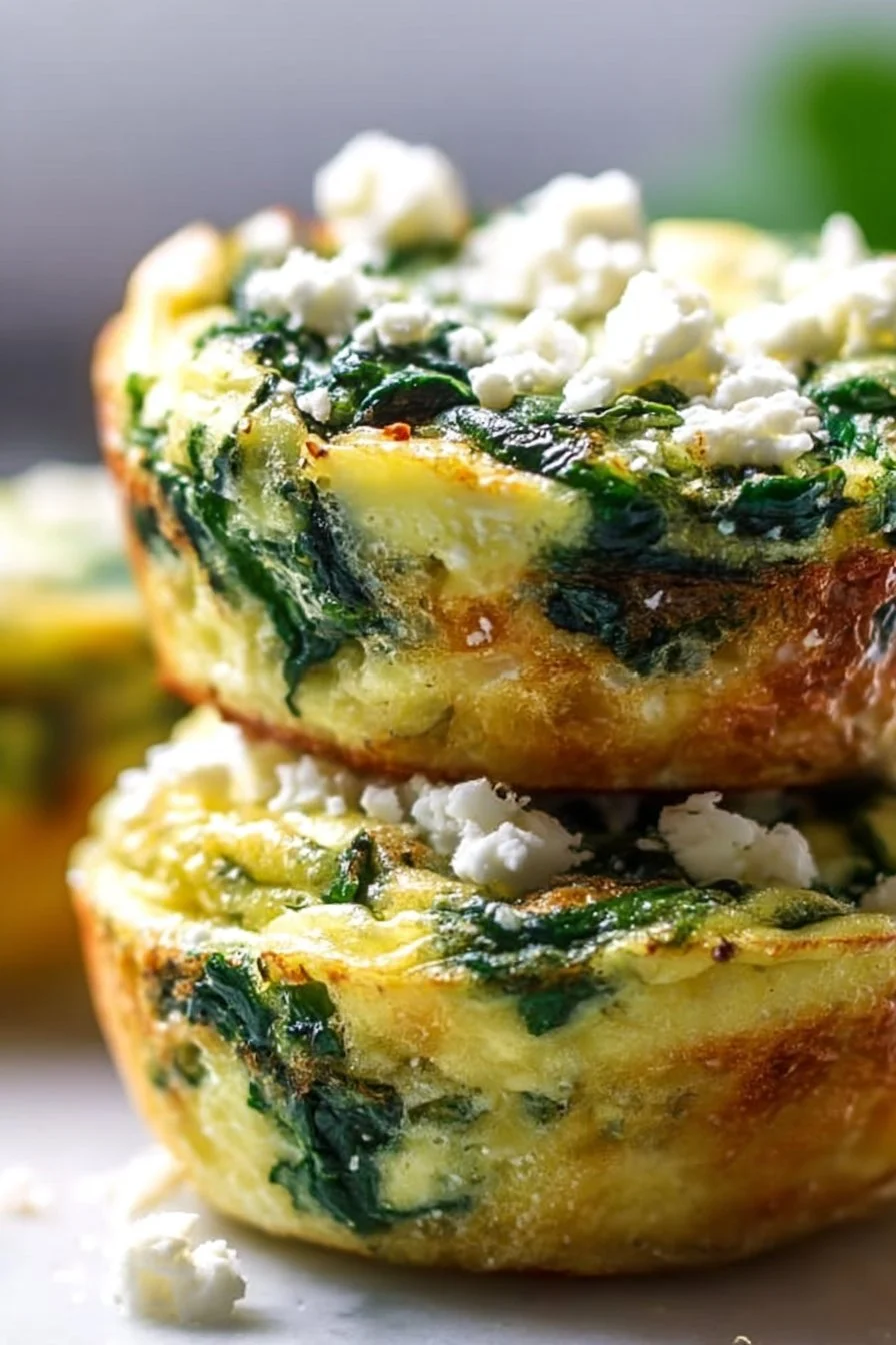 Egg Muffins with Spinach and Feta 4 Baked egg muffins with spinach and feta on a wooden table