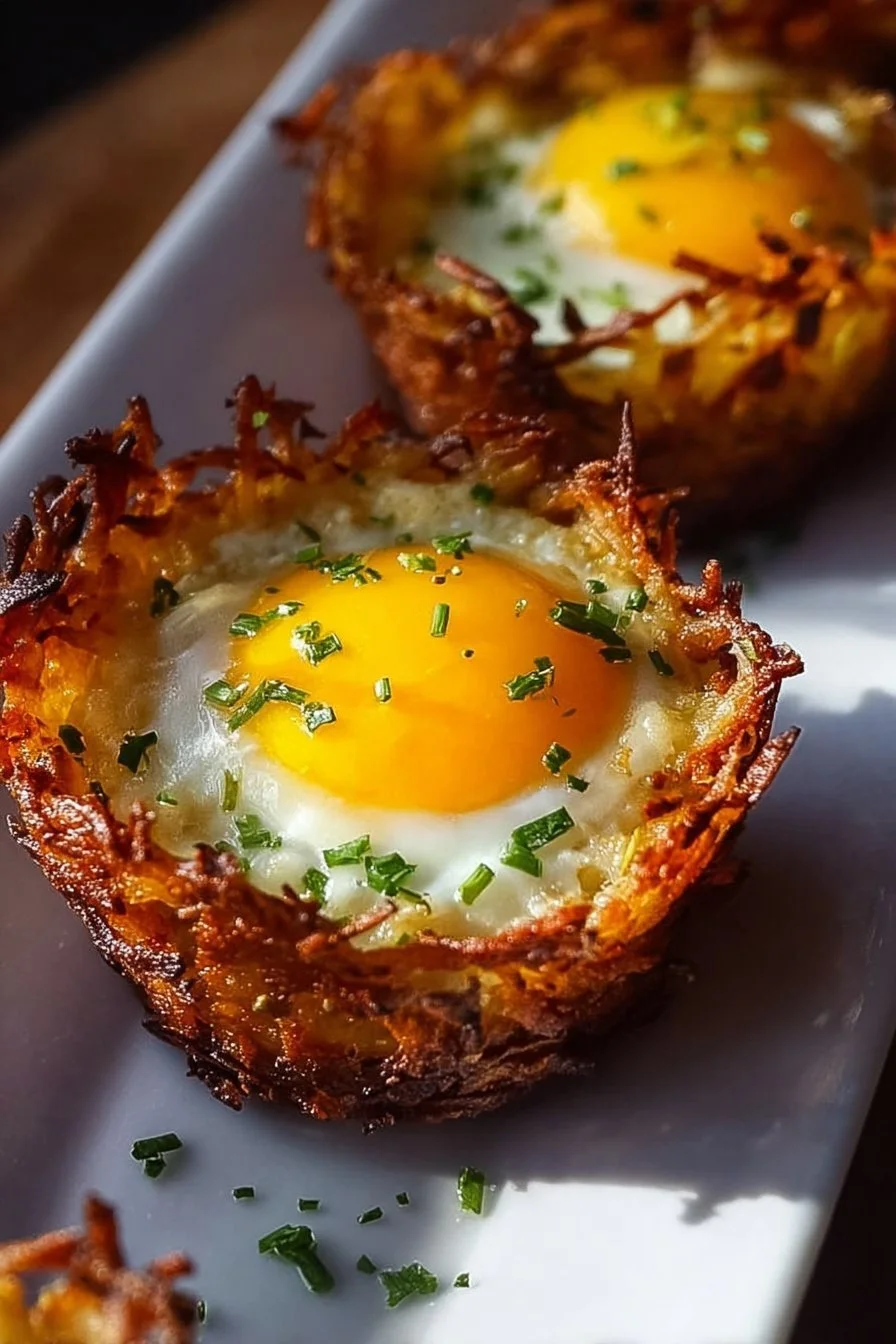 Eggs in Crispy Hash Brown Baskets 4 Crispy hash brown baskets filled with fluffy eggs for a delicious breakfast meal