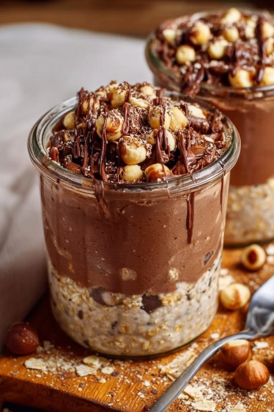 Delicious Ferrero Rocher Protein Overnight Oats in a bowl with chocolate and hazelnuts