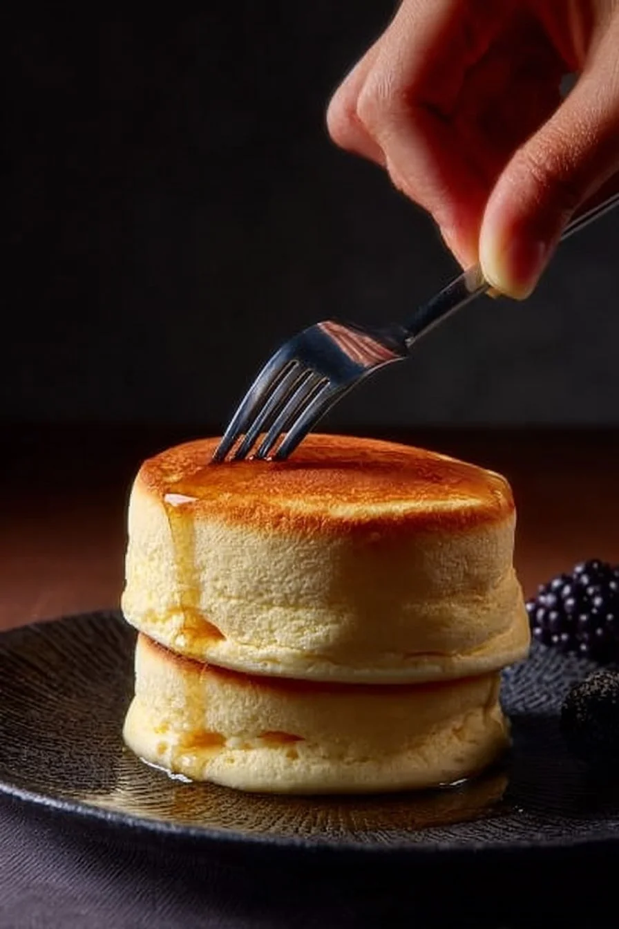 Fluffy Japanese soufflé pancakes stacked with syrup and berries
