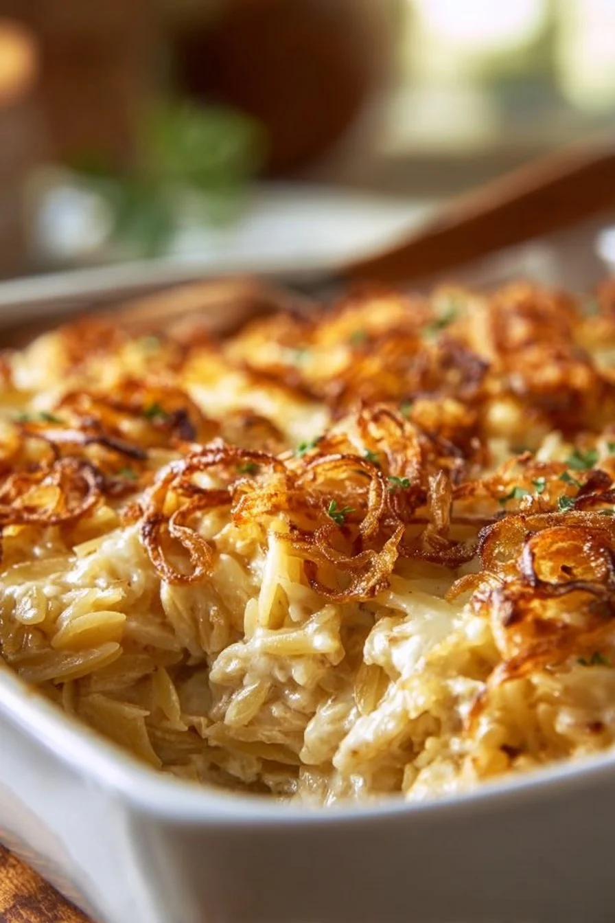 French Onion Chicken Orzo Casserole 4 Delicious French onion chicken orzo casserole served in a baking dish