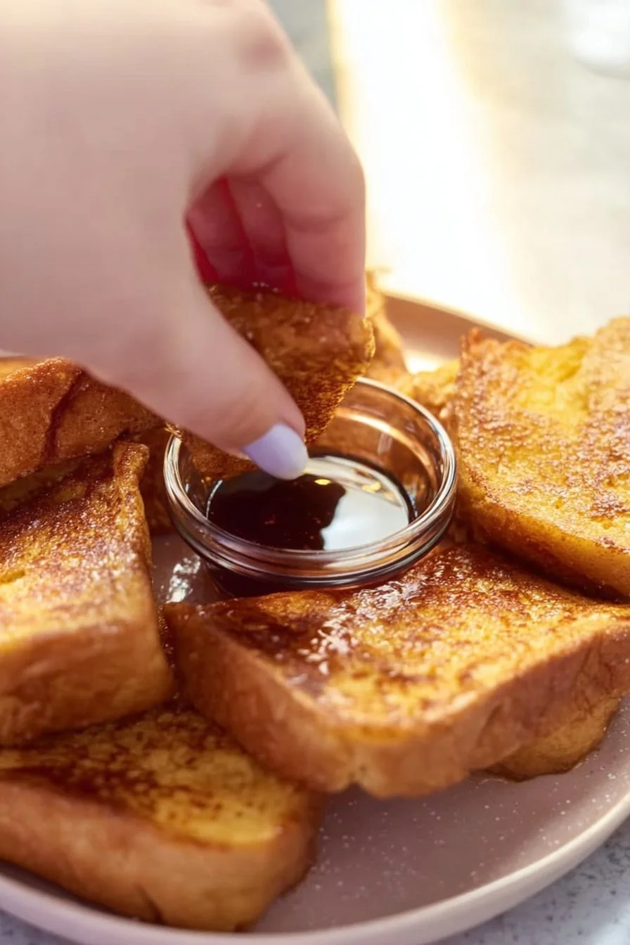 Plate of crispy French Toast Bites served with syrup and berries
