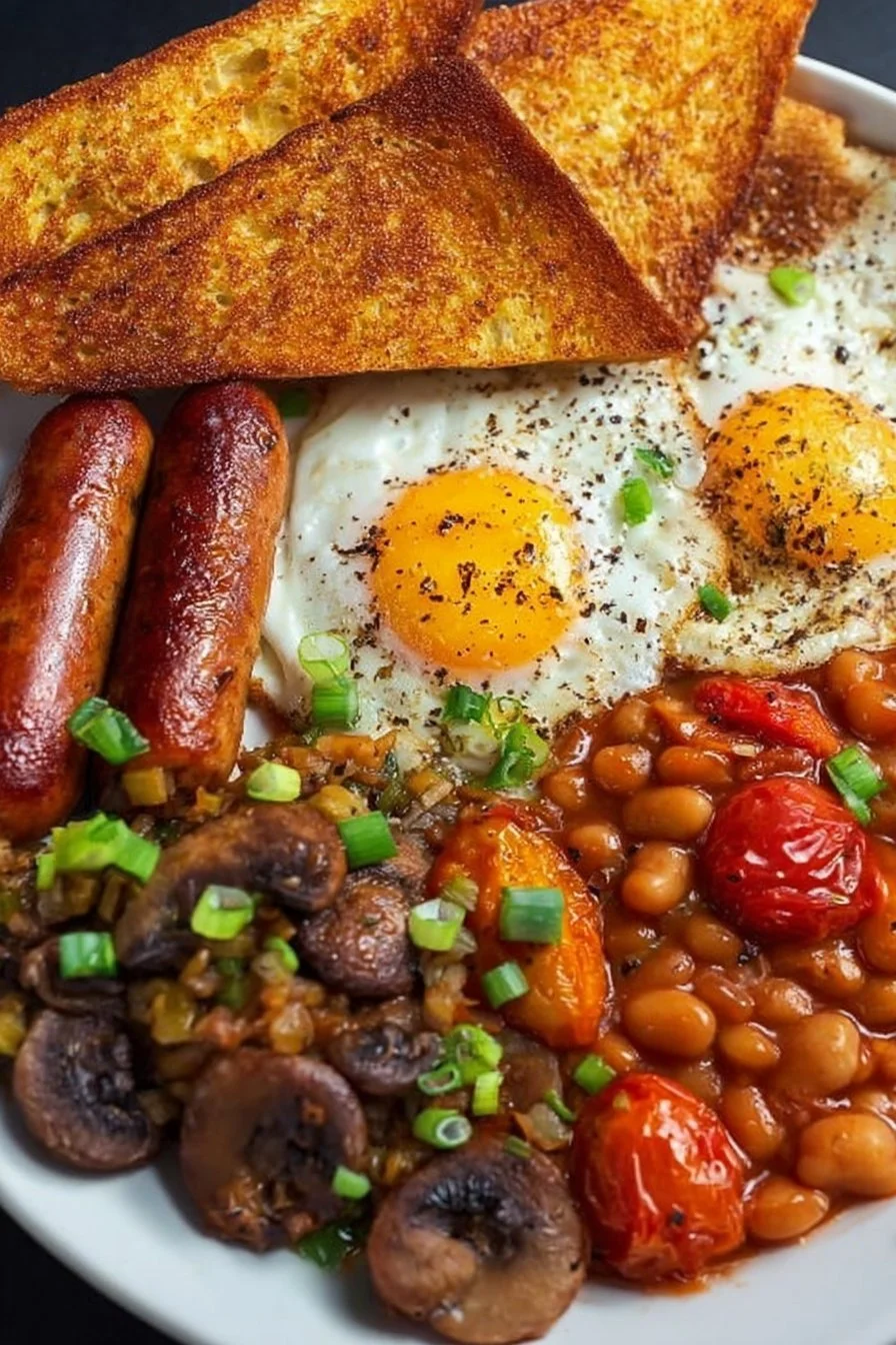 Delicious Full English Breakfast featuring eggs, bacon, and sausages.