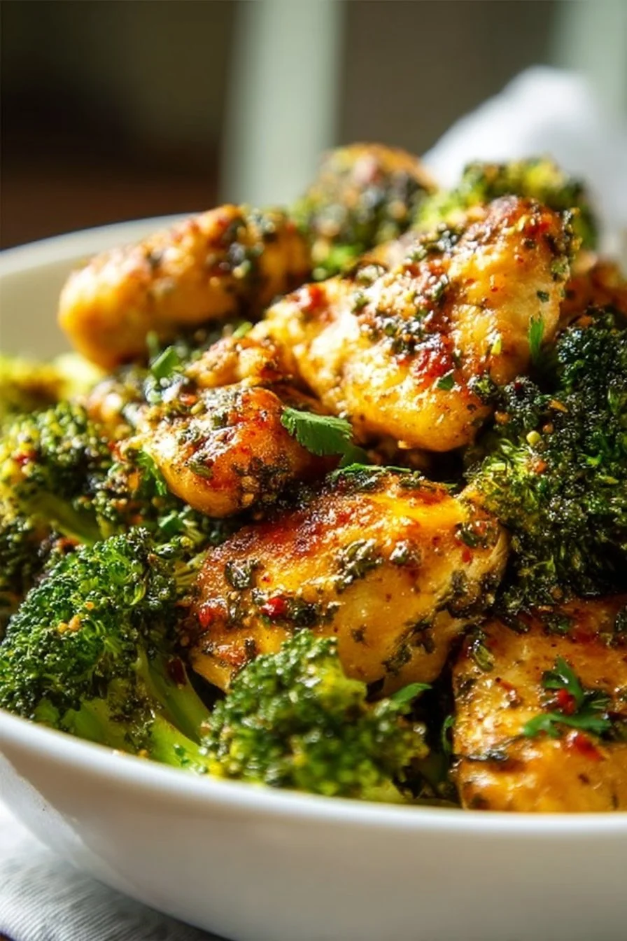 Delicious Garlic Butter Chicken with sautéed broccoli on a plate.