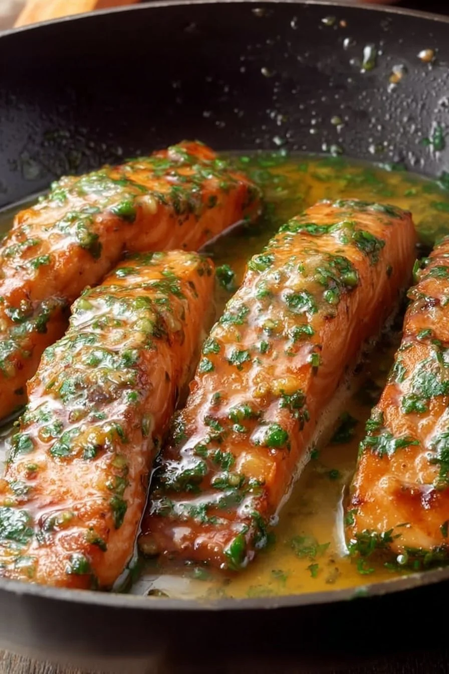 Garlic Butter Salmon garnished with fresh herbs and lemon