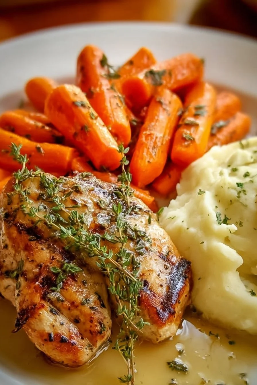 Garlic Herb Chicken with Mashed Potatoes and Glazed Carrots