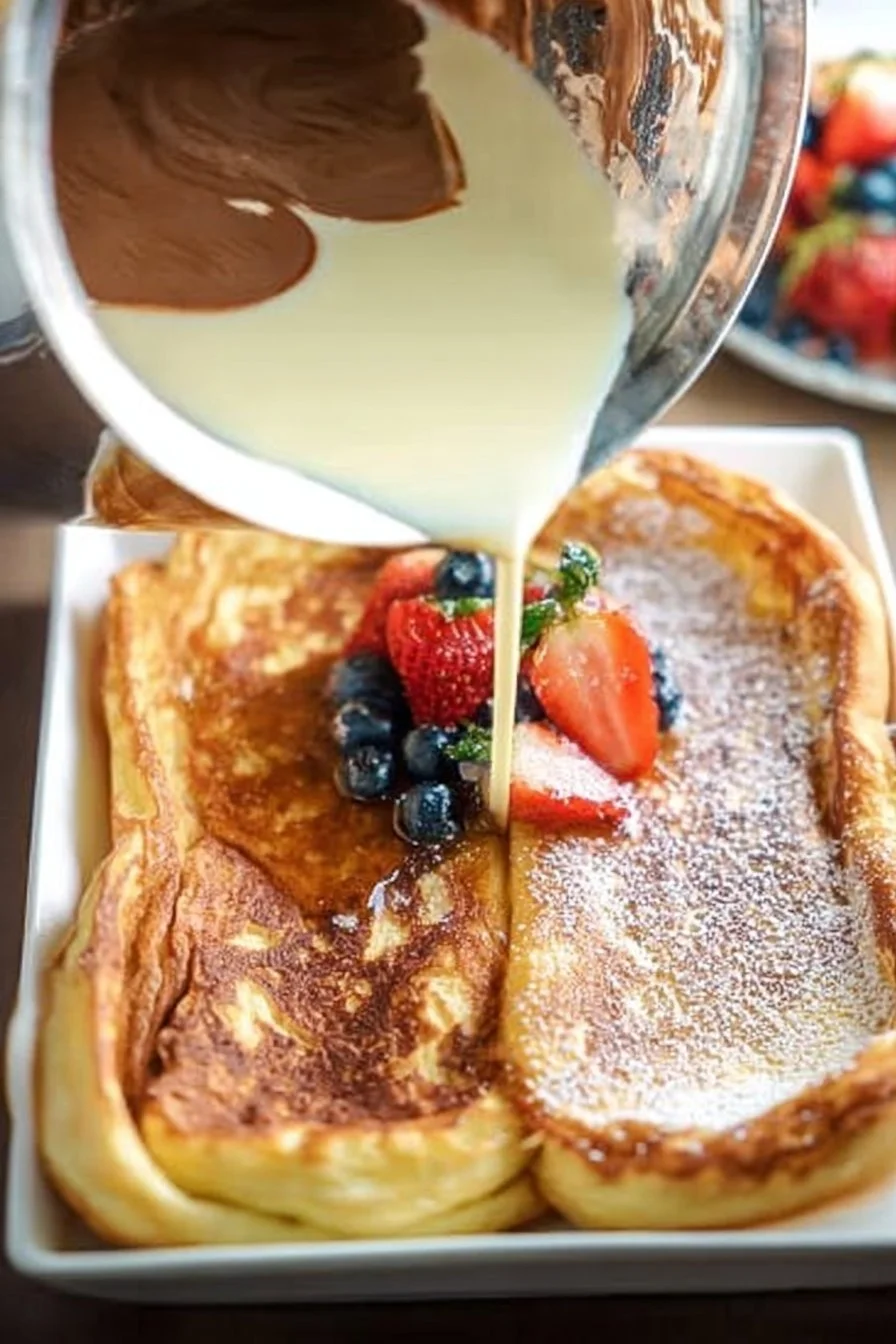 Fluffy German pancakes with powdered sugar and fresh fruit on a plate