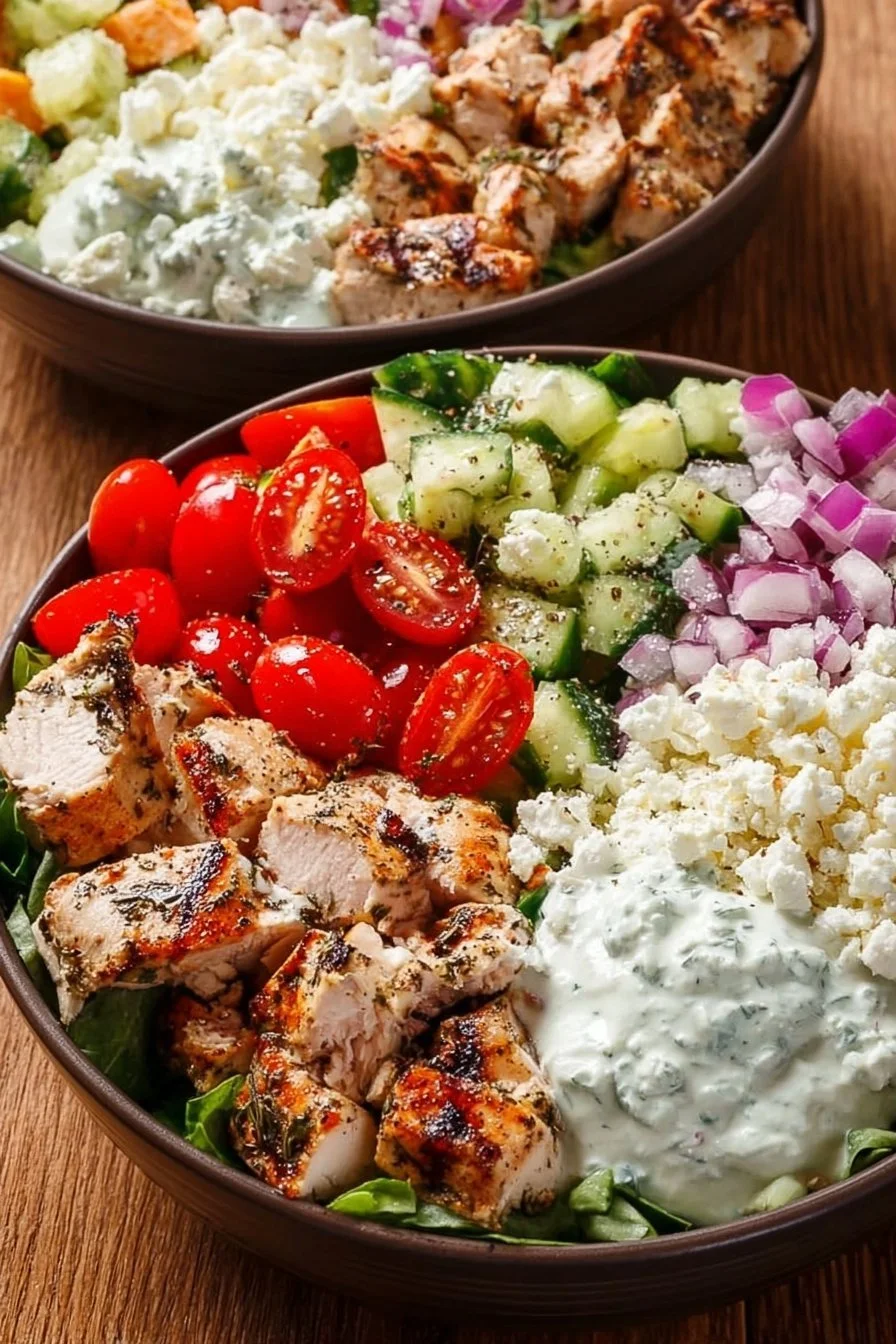 Delicious Greek Chicken Bowls with fresh vegetables and herbs.
