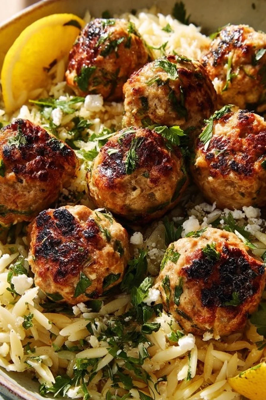 Greek Chicken Meatballs with Lemon Orzo 6 Greek Chicken Meatballs with Lemon Orzo