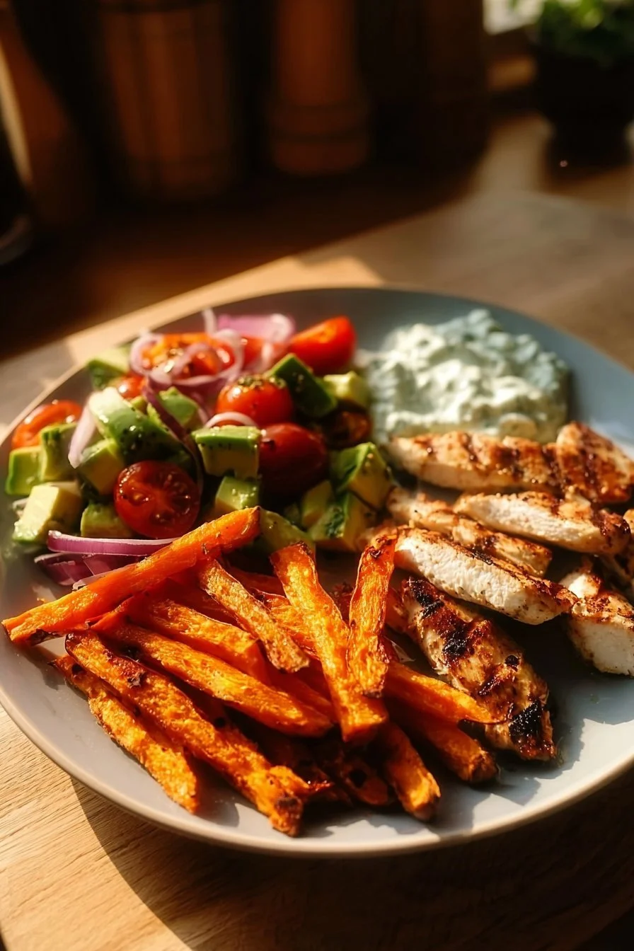 Grilled Herb Chicken with Sweet Potato Fries and Avocado Salsa 4 Grilled herb chicken served with sweet potato fries and avocado salsa on a plate