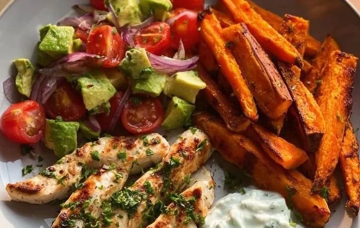 Grilled Herb Chicken with Sweet Potato Fries and Avocado Salsa 5 Grilled Herb Chicken with Sweet Potato Fries and Avocado Salsa