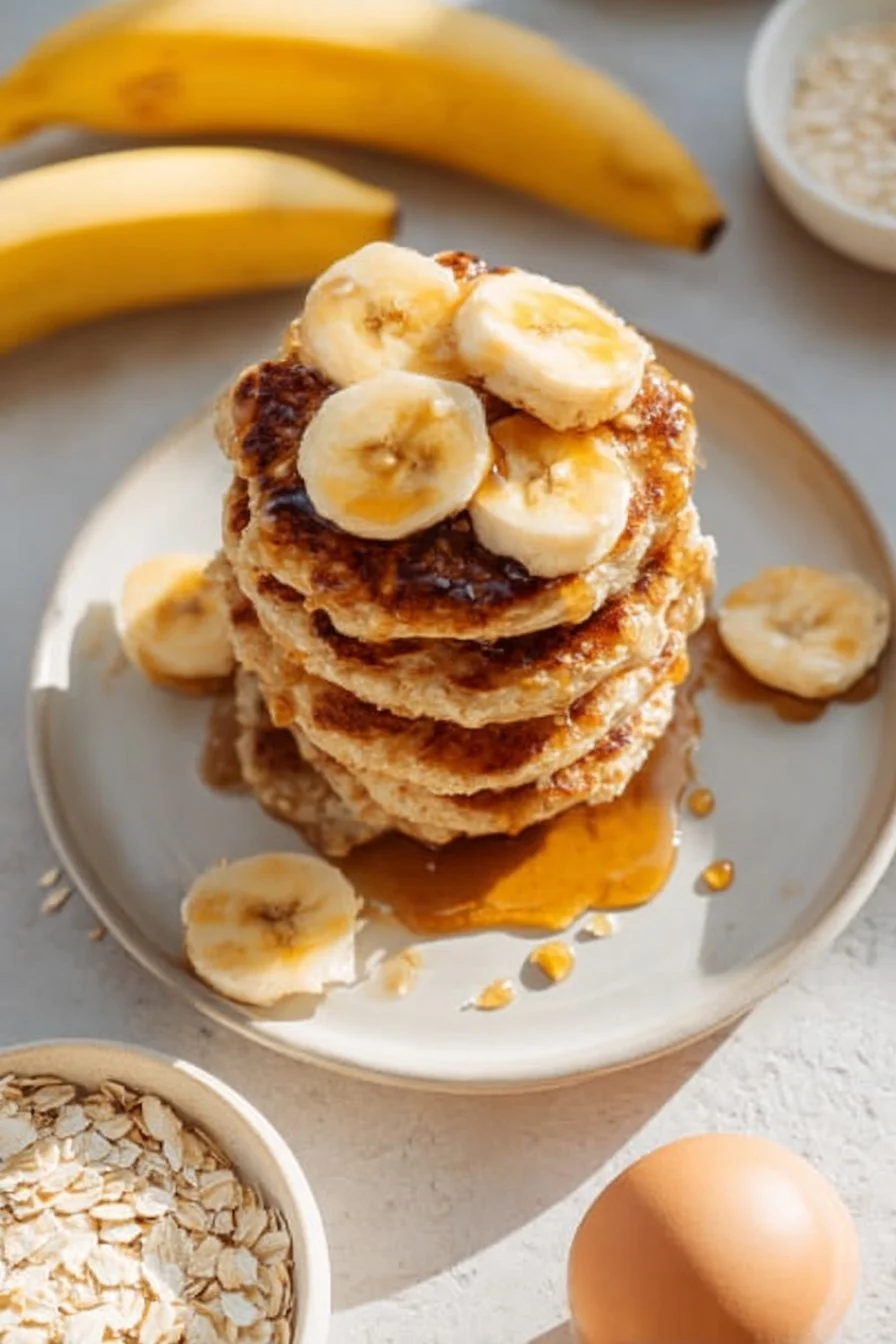 Healthy banana oatmeal pancakes stacked on a plate with syrup and bananas