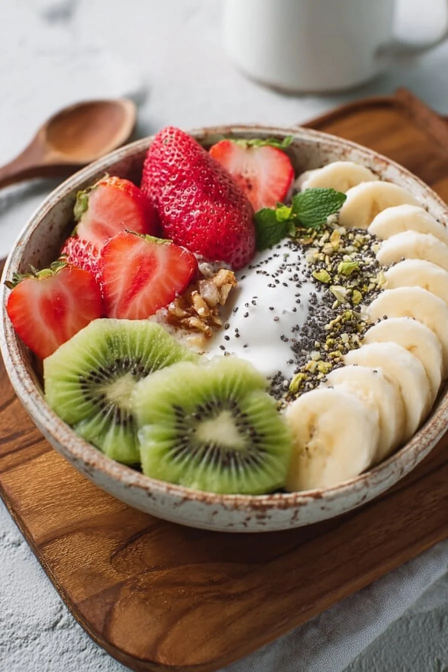 Delicious and nutritious healthy breakfast bowl topped with fresh fruits and granola.