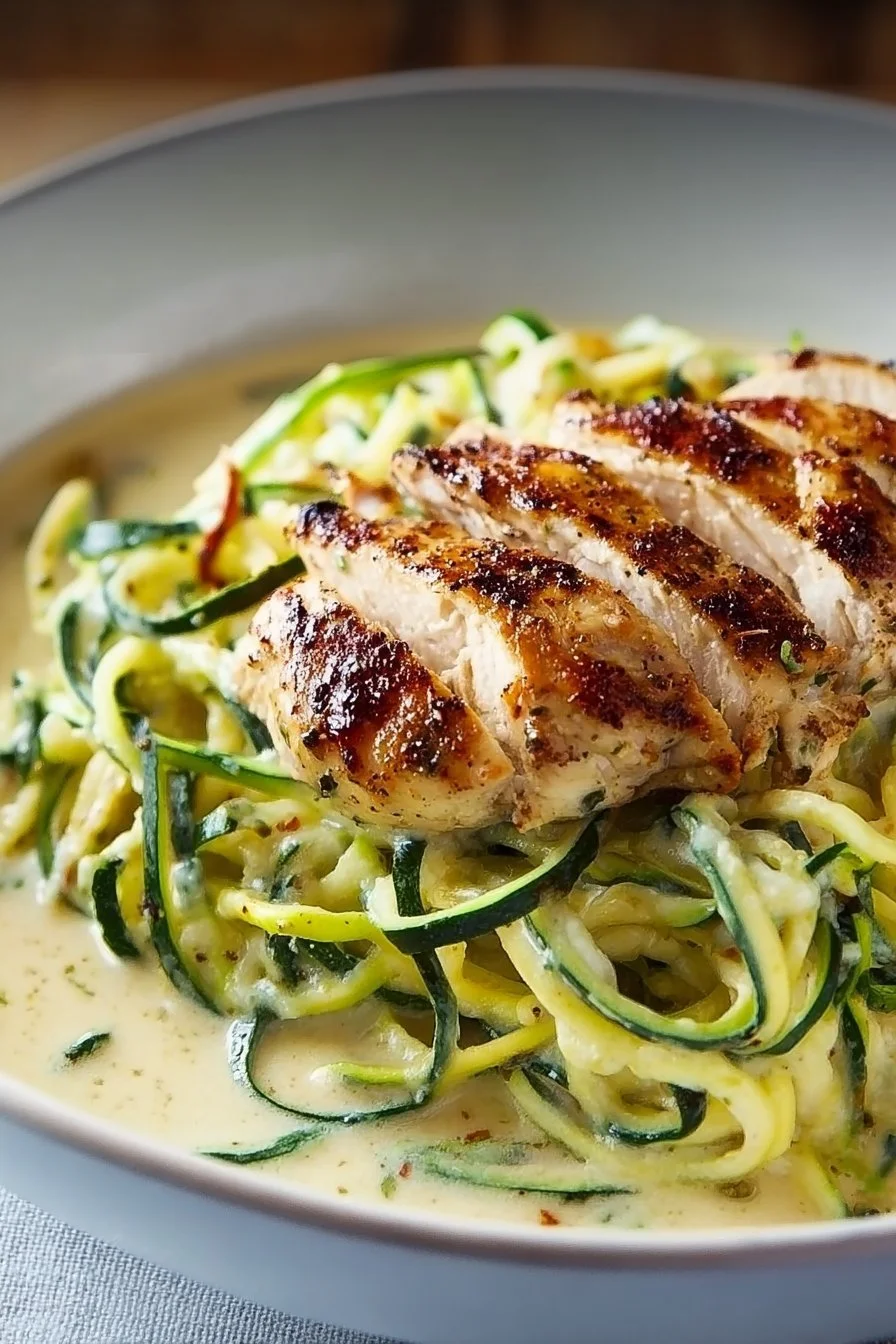 Healthy Chicken Alfredo with Zucchini Noodles dish served in a bowl