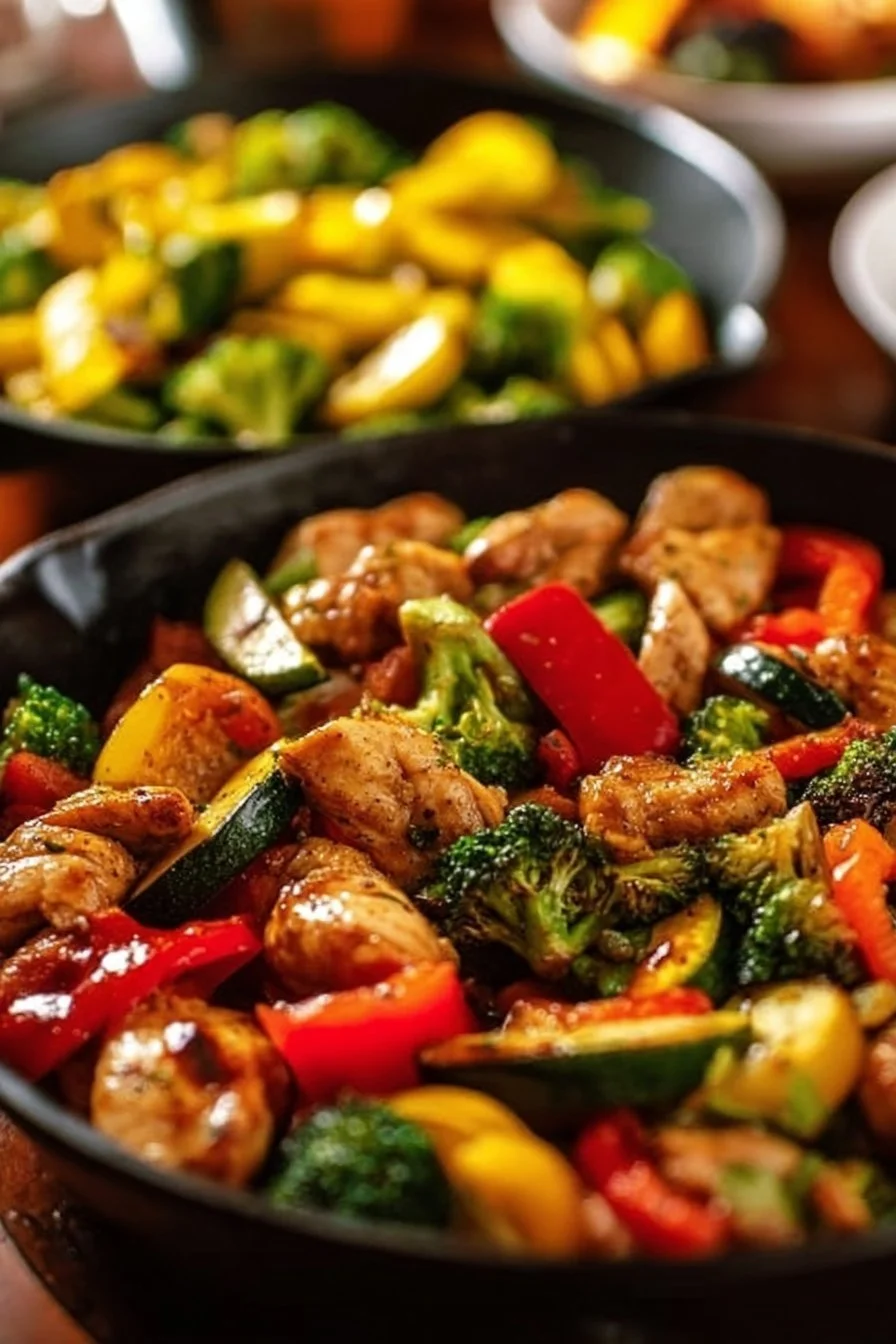 Healthy chicken and vegetables skillet dish with colorful ingredients