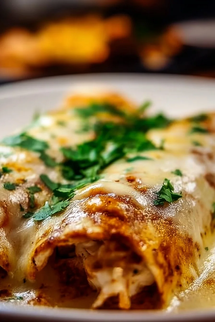 Healthy Chicken Enchiladas 4 Healthy chicken enchiladas topped with fresh ingredients and served on a plate