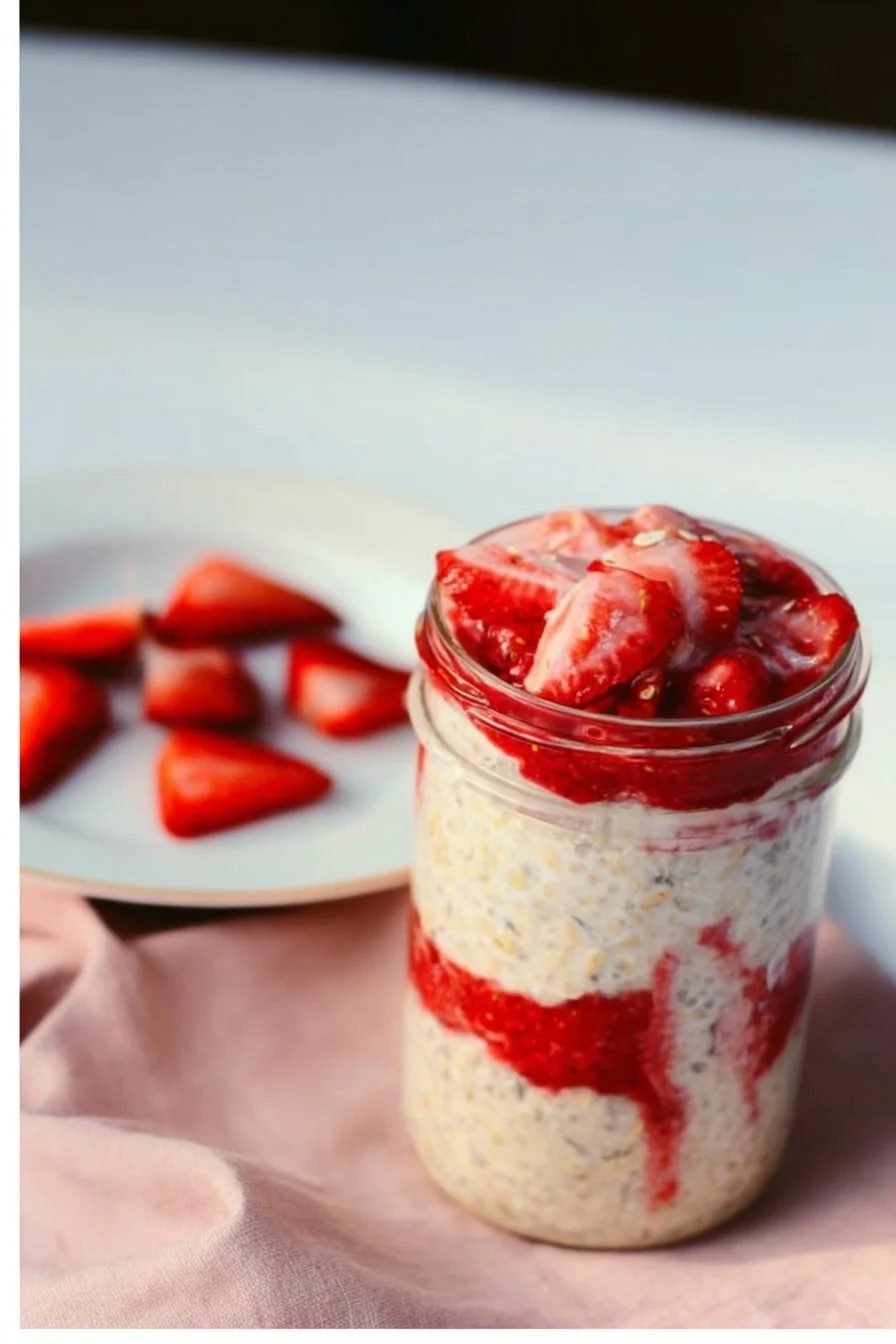 Healthy strawberry cheesecake overnight oats topped with fresh strawberries.