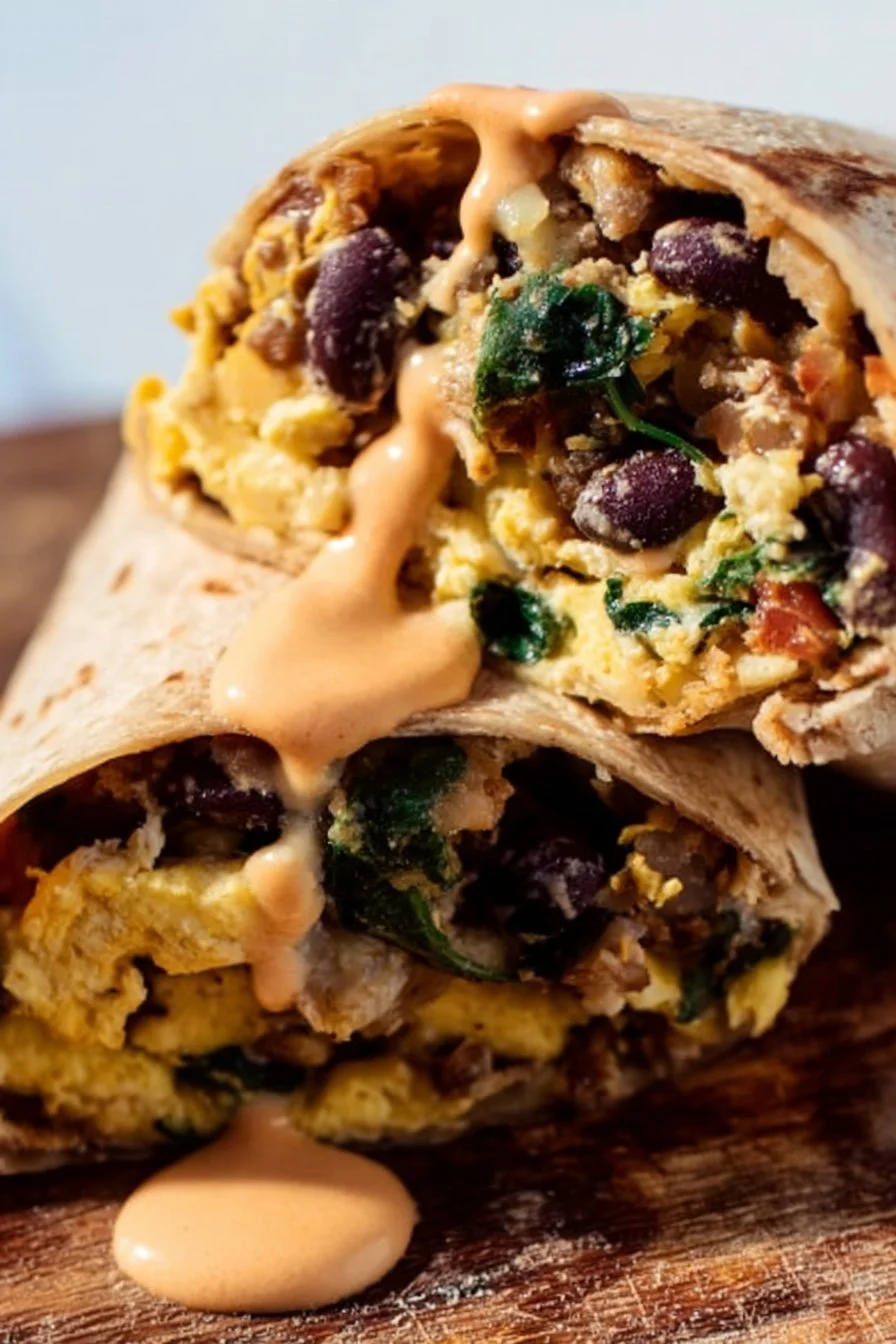 High-Protein Breakfast Burrito with eggs, beans, and veggies on a plate