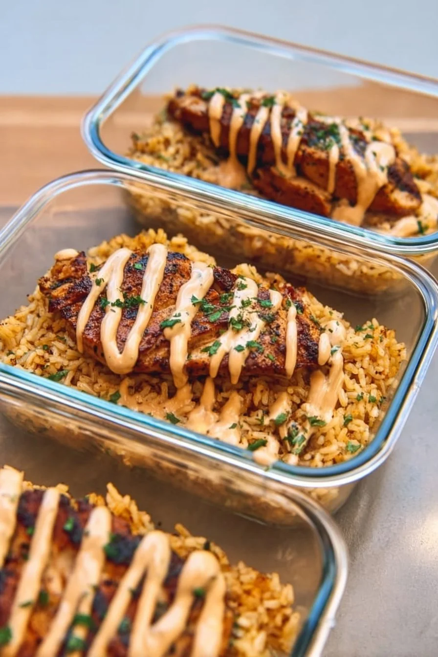 Plate of high protein creamy Cajun chicken served with rice.