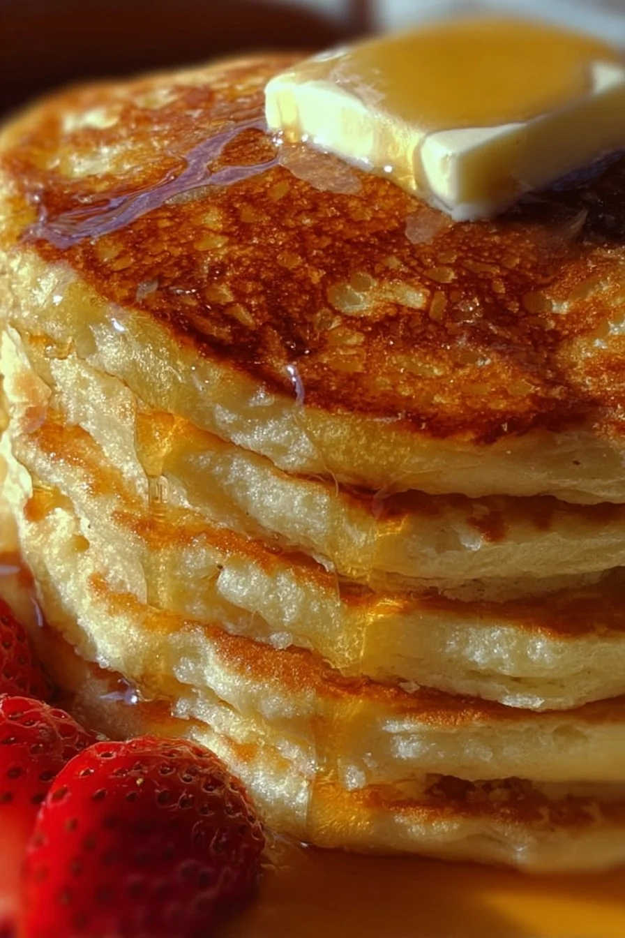 Fluffy high protein pancakes stacked with berries and syrup