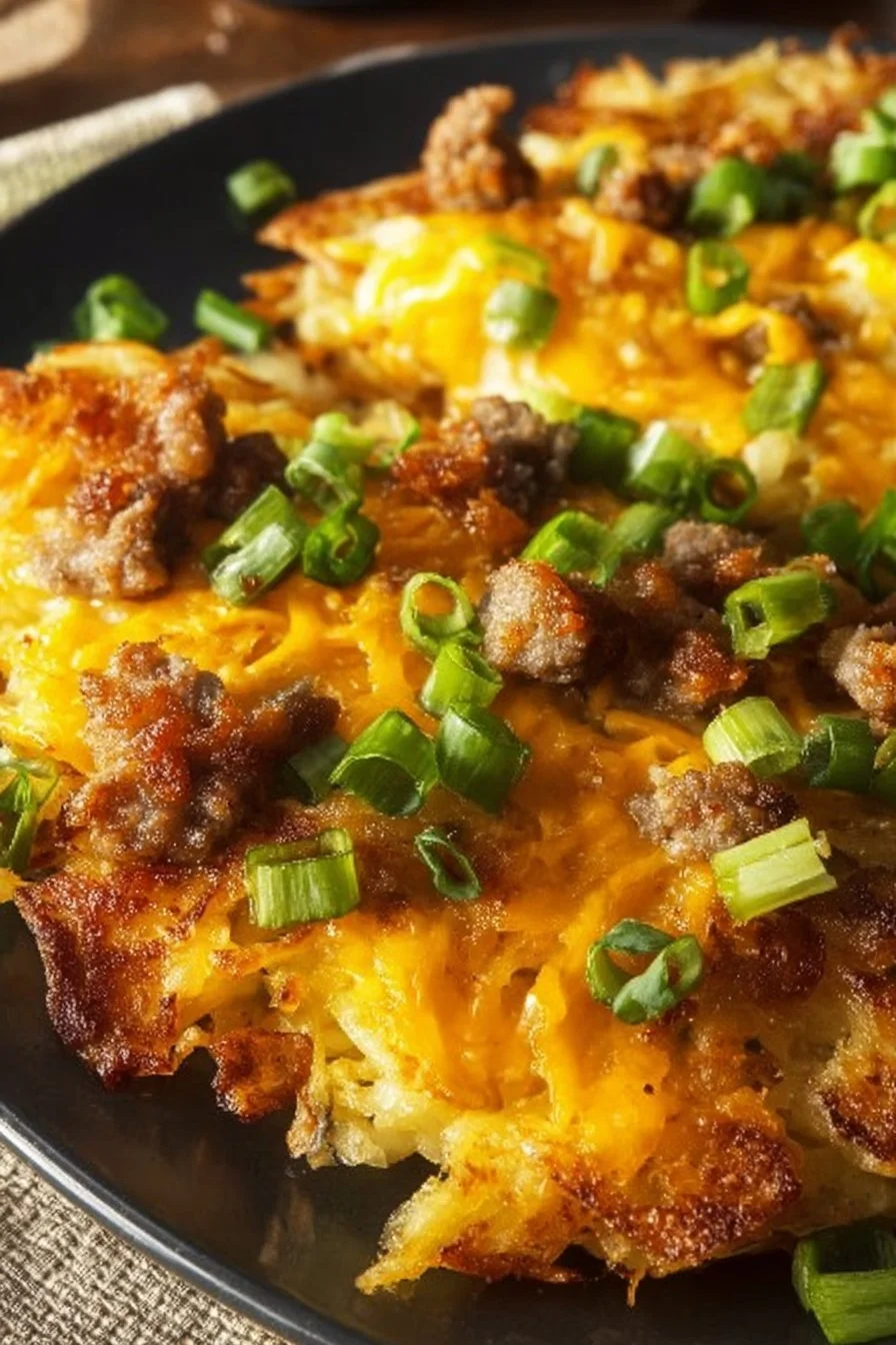 Delicious high-protein loaded hash browns topped with veggies and cheese