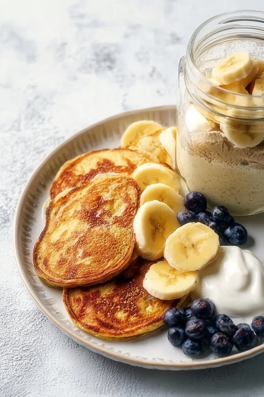 Stack of high protein pancakes served with fresh fruits and syrup