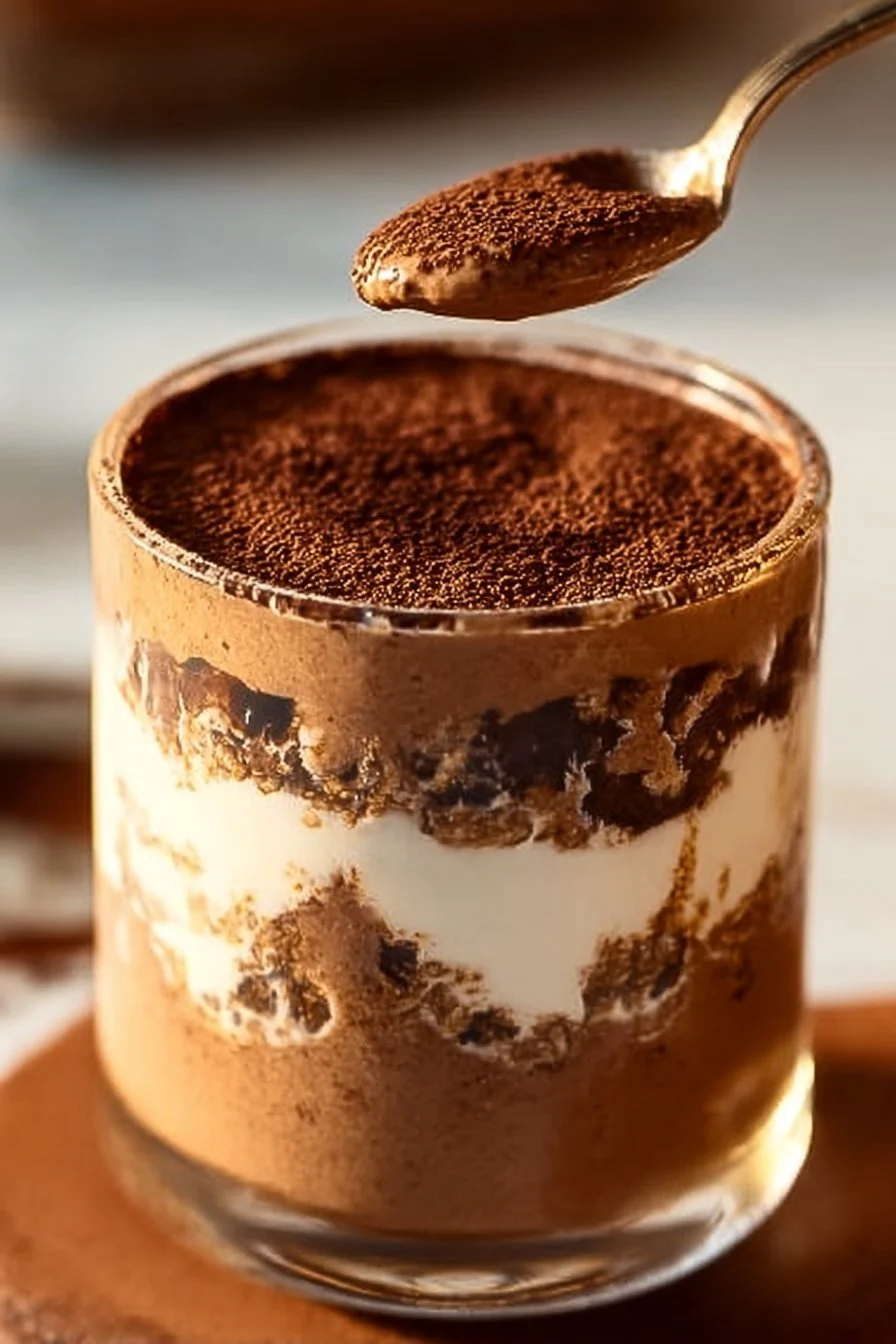 High protein tiramisu overnight oats in a jar with cocoa and coffee