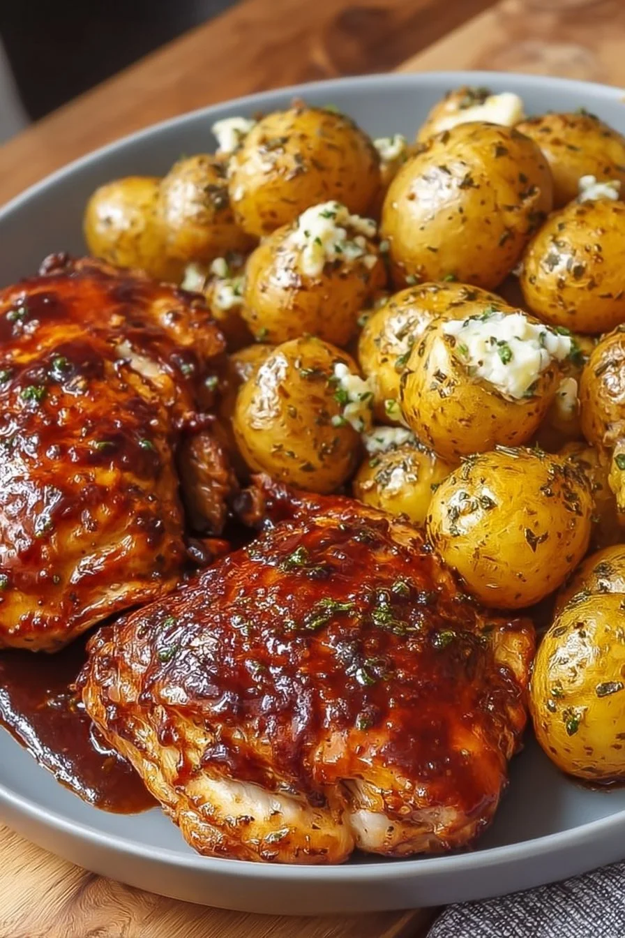 Honey BBQ Chicken served with savory garlic roasted potatoes