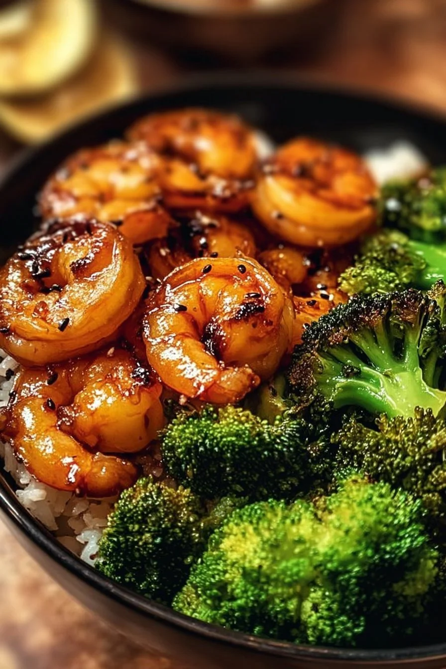Delicious Honey Garlic Shrimp Bowl garnished with fresh vegetables