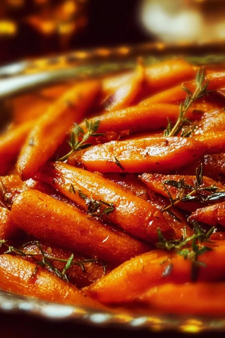 Plate of honey-roasted carrots garnished with herbs