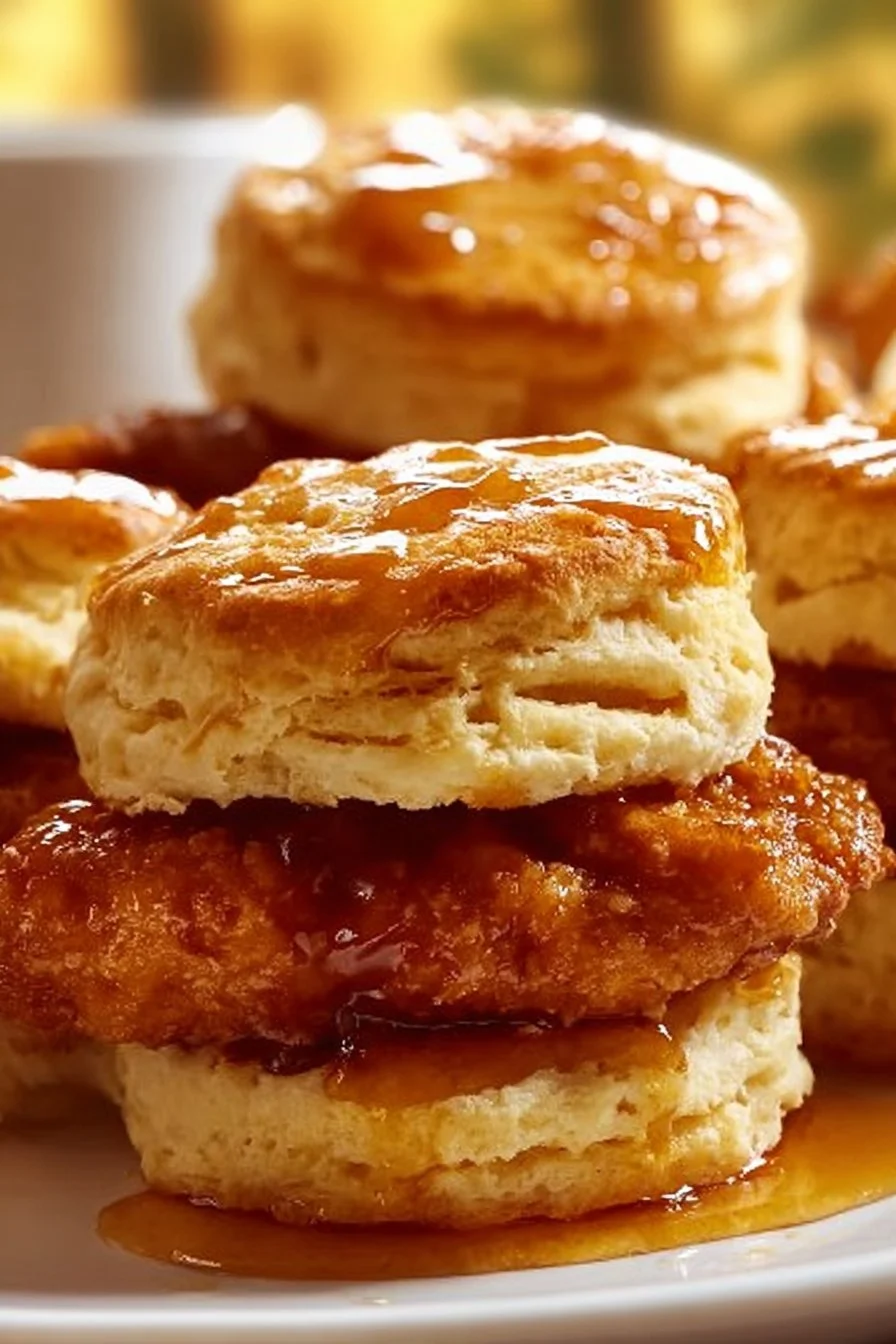 Hot honey chicken biscuits served with a side of honey drizzle.