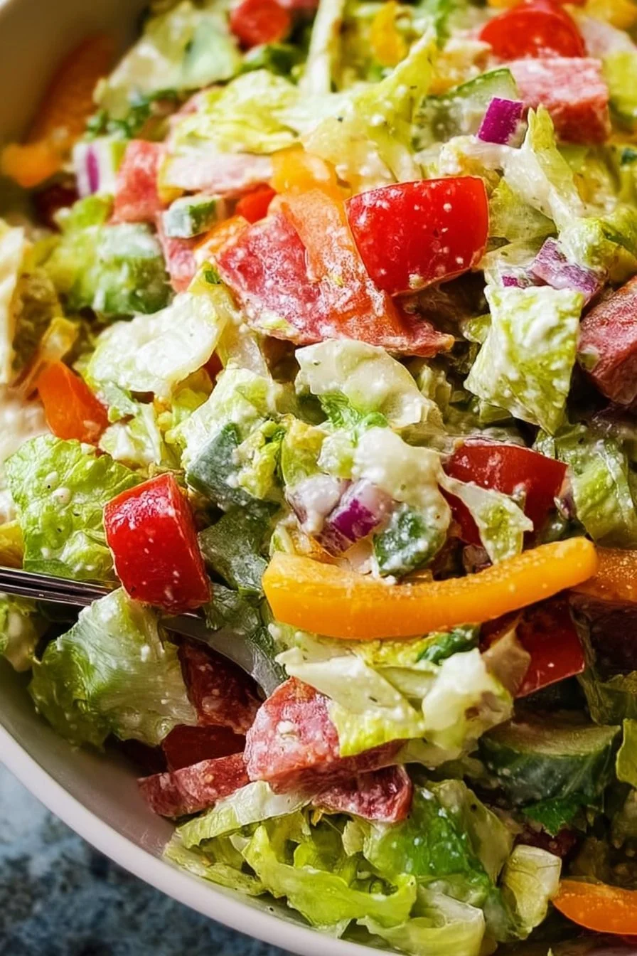 A vibrant Italian Grinder Salad filled with meats, cheeses, and fresh vegetables.