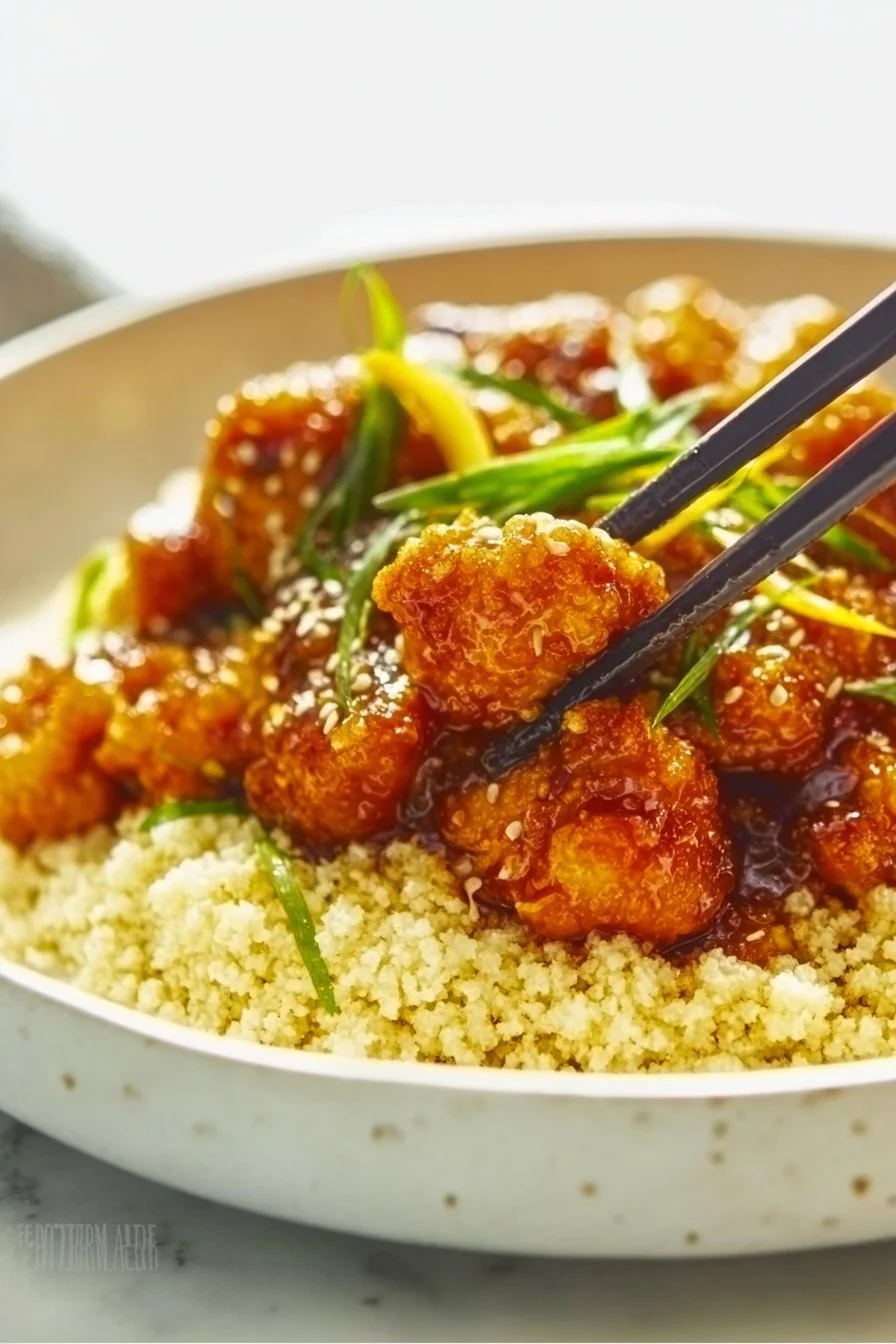 Keto Orange Chicken served with vegetables on a plate