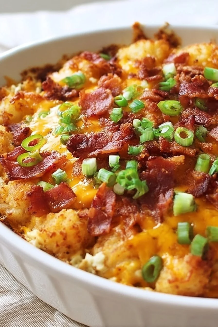 Loaded Tater Tot Breakfast Casserole topped with cheese and vegetables