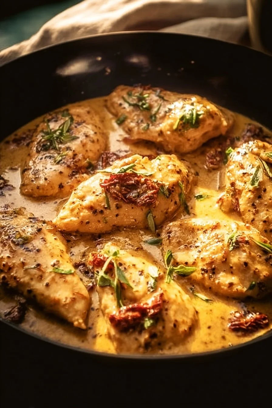 Deliciously cooked Marry Me Chicken served with herbs and creamy sauce.