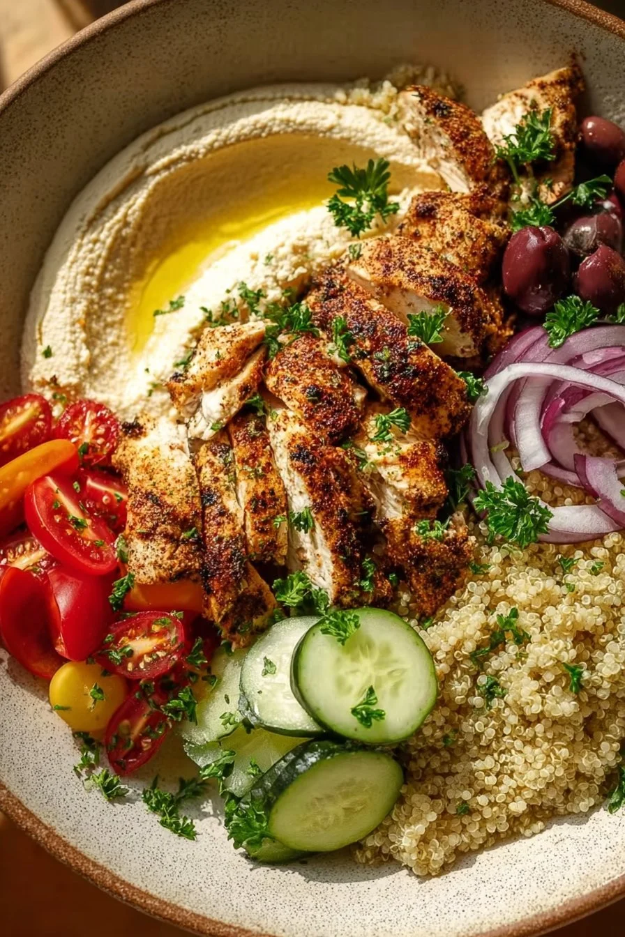 Mediterranean Chicken Bowl with fresh vegetables and spices on a plate