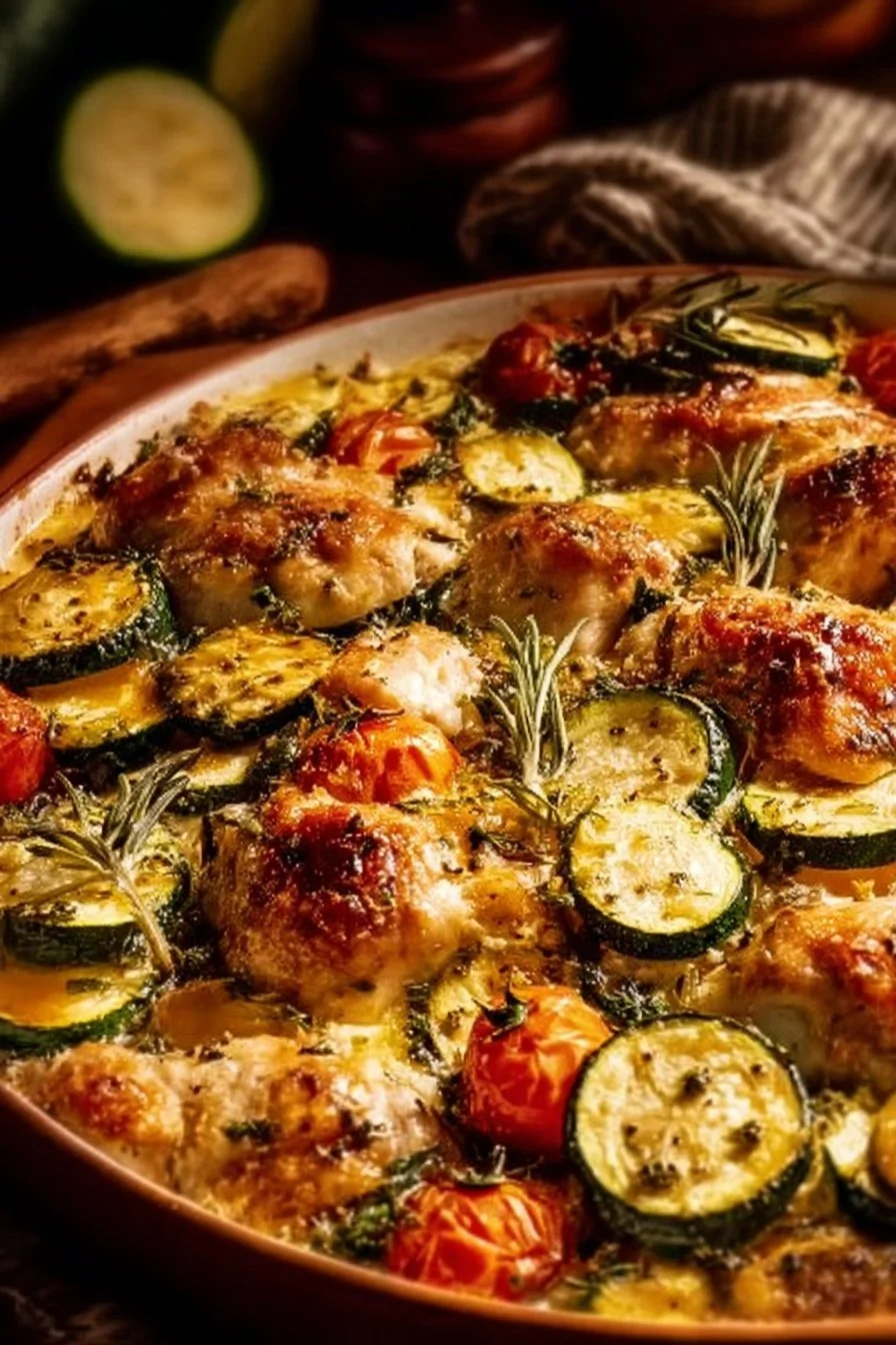 Healthy Mediterranean Chicken Zucchini Bake served in a dish
