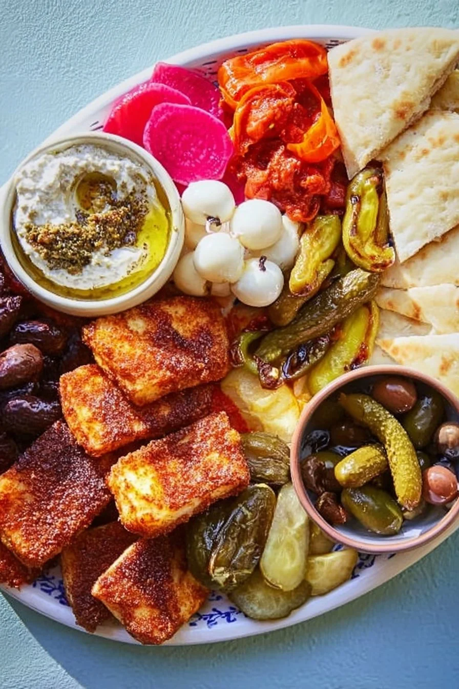 Mediterranean Meze Platter 5 Colorful Mediterranean Meze platter with dips, olives, and fresh vegetables.