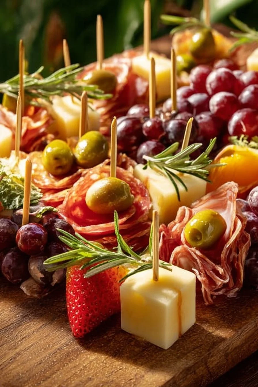 Mini Charcuterie Skewers – Easy No-Cook Party Appetizer 5 Delicious mini charcuterie skewers served as a no-cook party appetizer