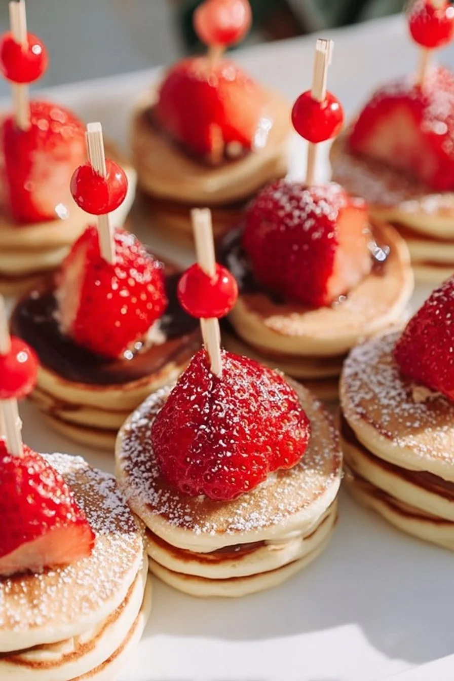 Mini Nutella Pancake Stacks 4 Mini Nutella pancake stacks drizzled with chocolate and topped with fresh fruit