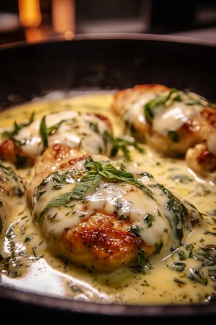 Creamy mozzarella chicken served in a basil cream sauce