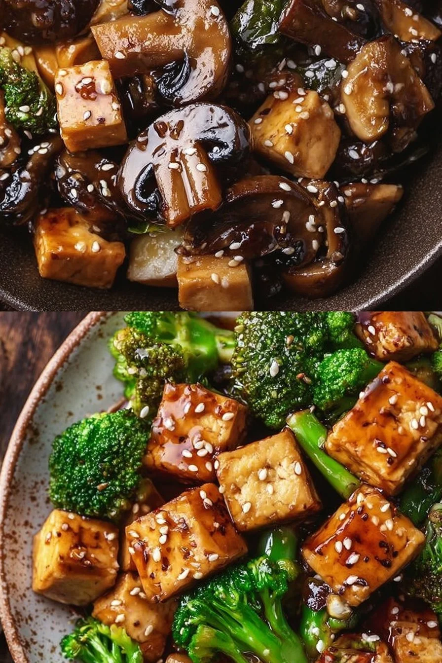 Delicious Mushroom Tofu Stir-Fry served in a bowl with fresh vegetables and herbs.