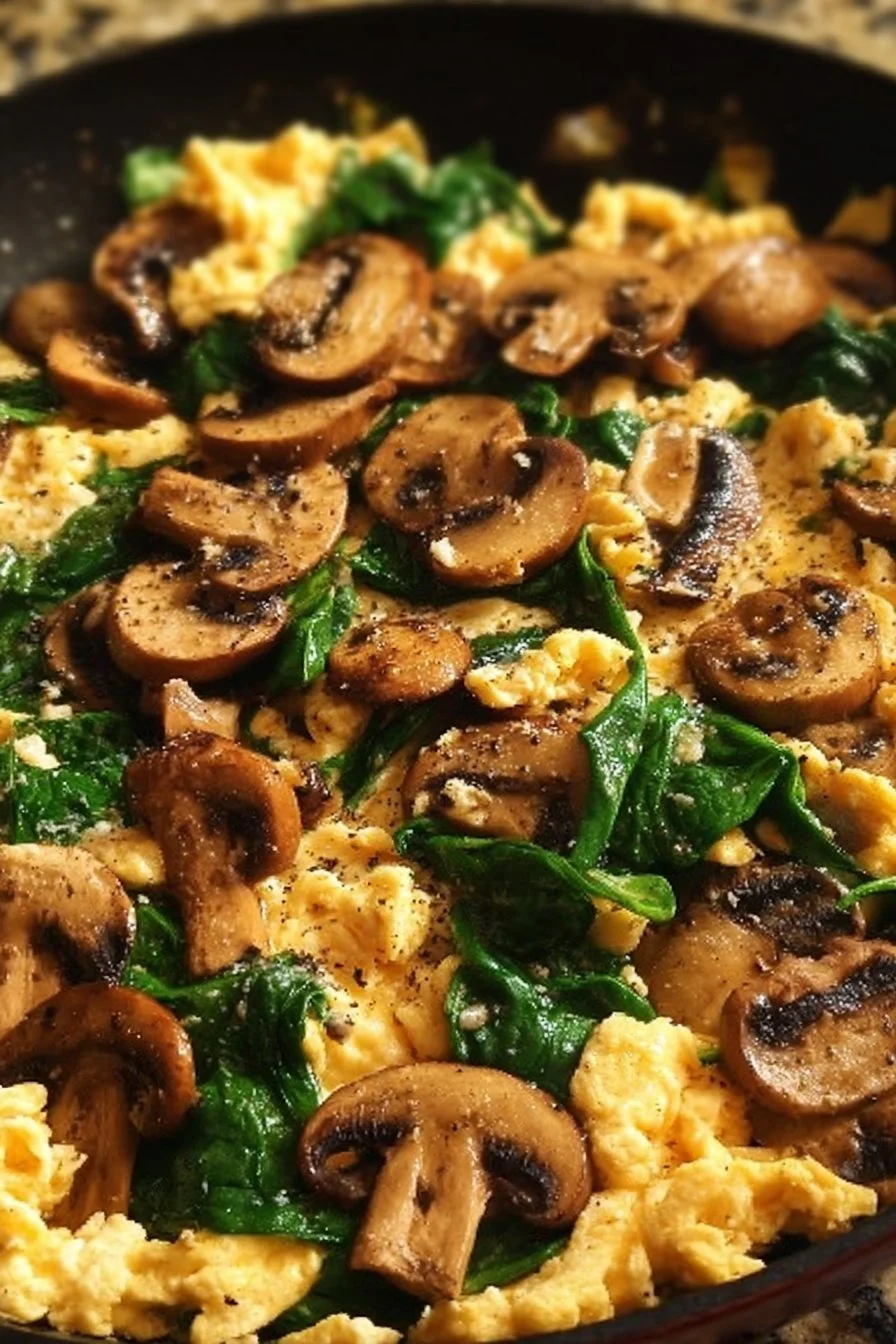 Mushroom Spinach Scrambled Eggs served in a bowl, garnished with herbs