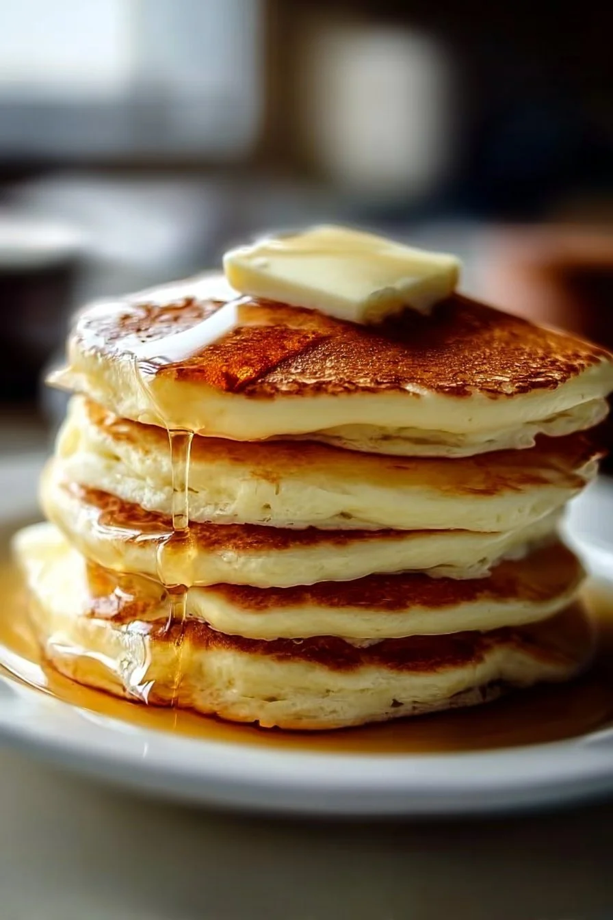 Fluffy old-fashioned pancakes stacked on a plate with syrup