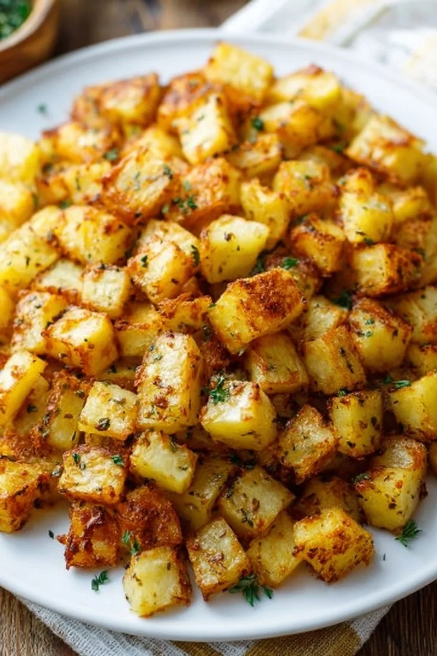 Plate of oven-roasted breakfast potatoes seasoned and golden brown.
