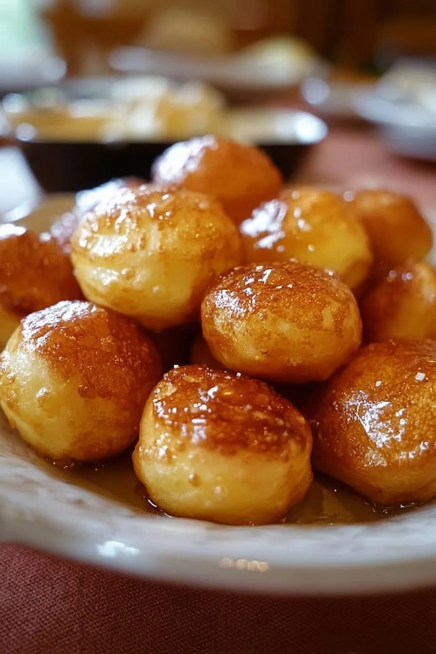 Delicious pancake poppers served with syrup and fruit