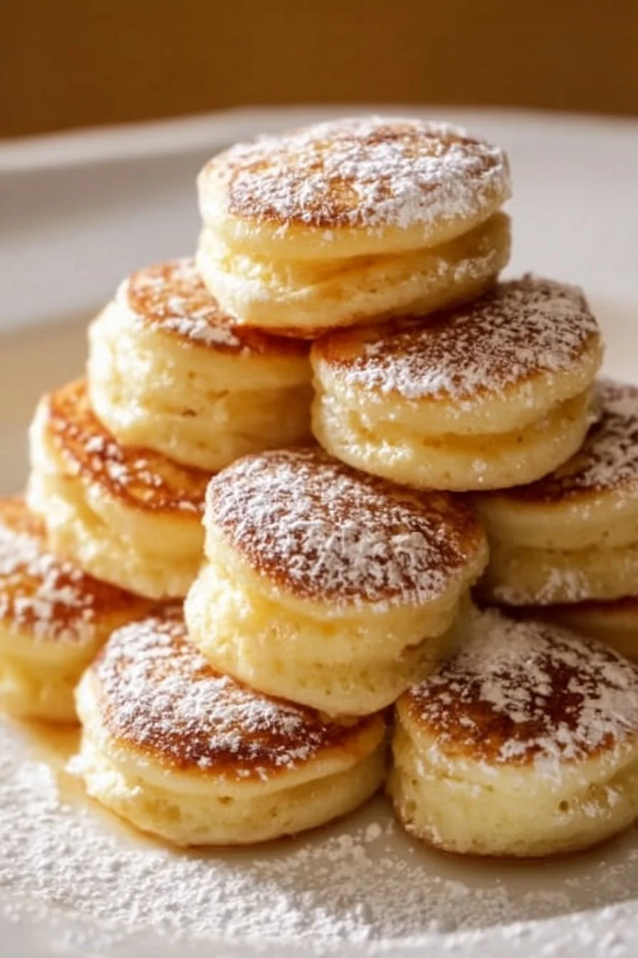 Delicious golden pancake poppers served with syrup and fruit