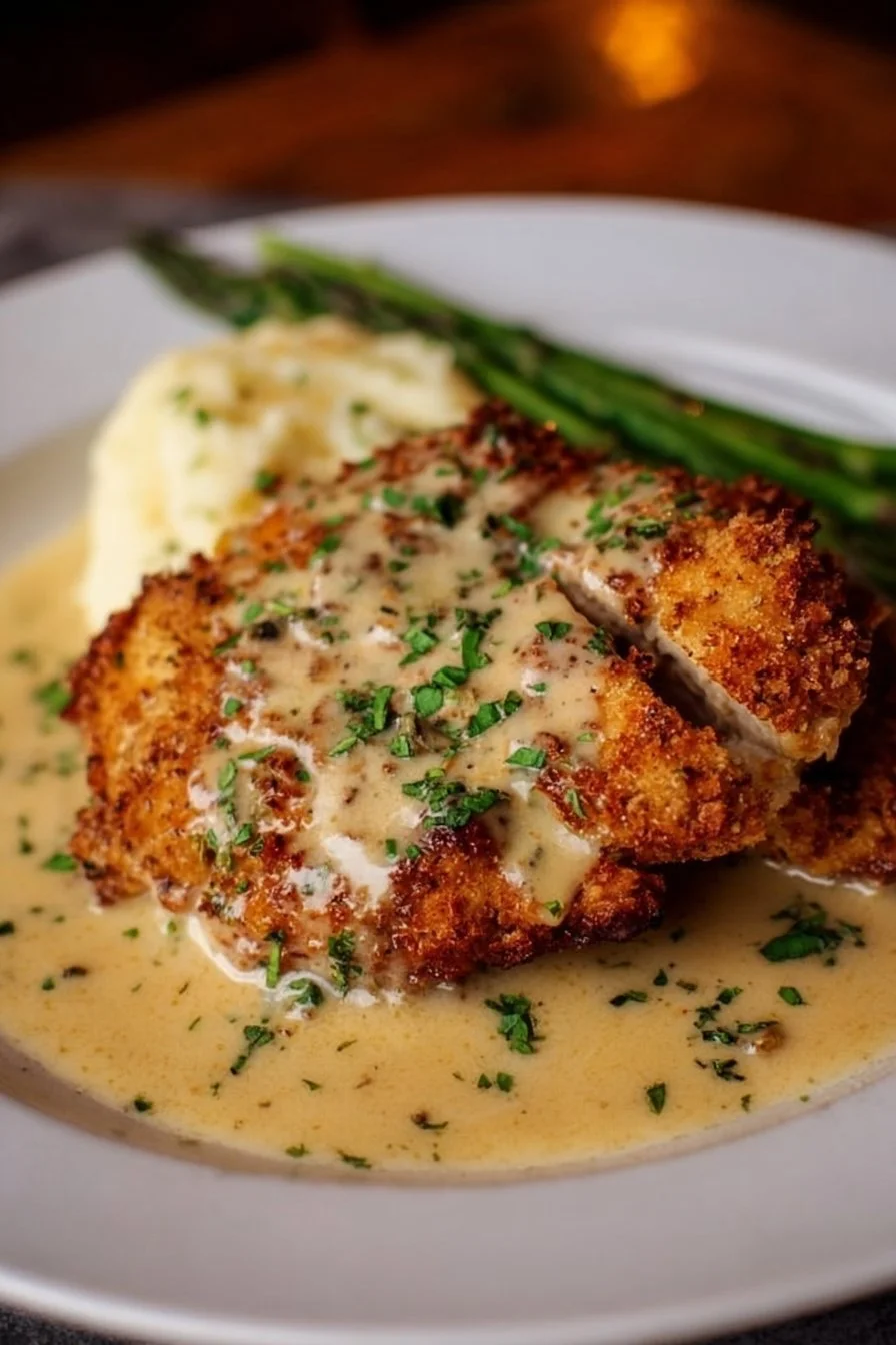 Delicious Parmesan Crusted Chicken served with creamy garlic sauce